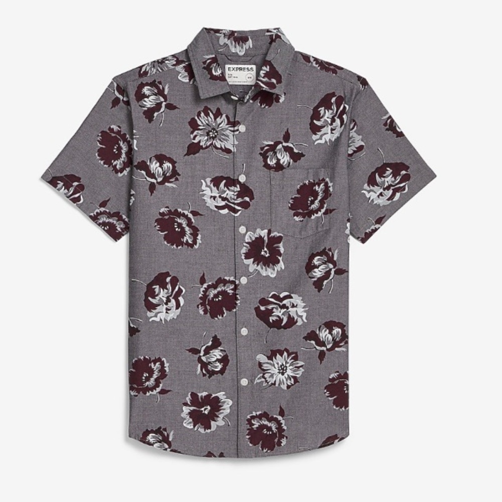 Express Slim Fit Chambray Burgundy Floral Shirt